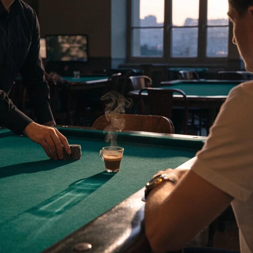 Detail okraje zeleného stolu na poker s žetony a šálkem kávy v teplém světle
