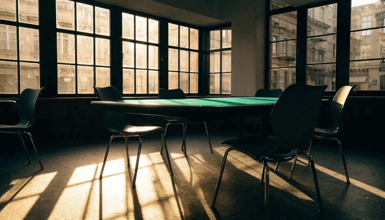 Kavárna s pokerovým stolem u vysokých oken při ranním světle, ještě před otevřením