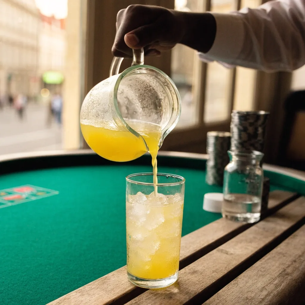 Domácí limonáda a karafa s vodou na okraji zeleného stolu v herně