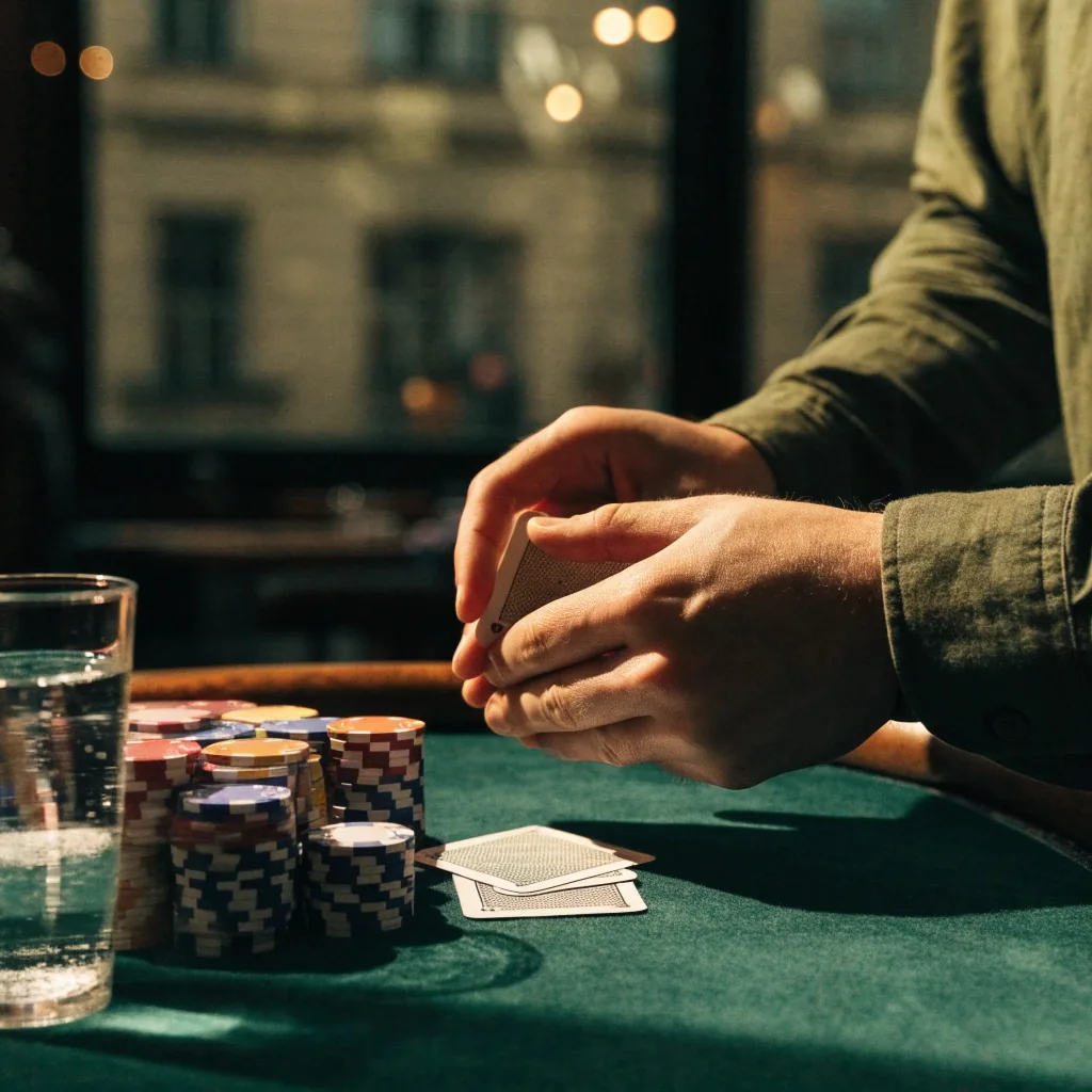 Ruce dealera míchající karty nad zeleným hracím stolem v pokerové herně